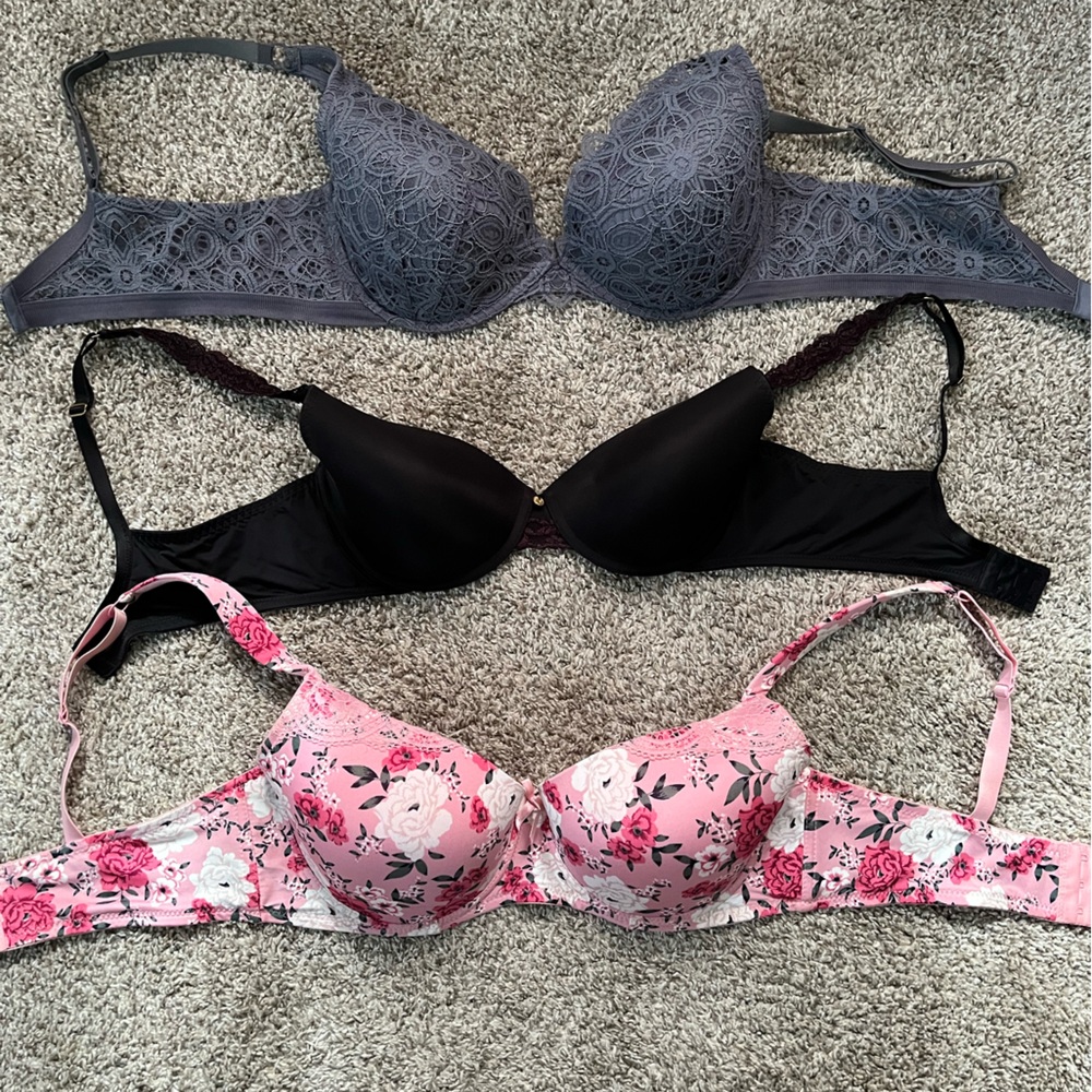 ThirdLove Gray Lace Bra, Black Smooth Bra, Pink Floral Bra
